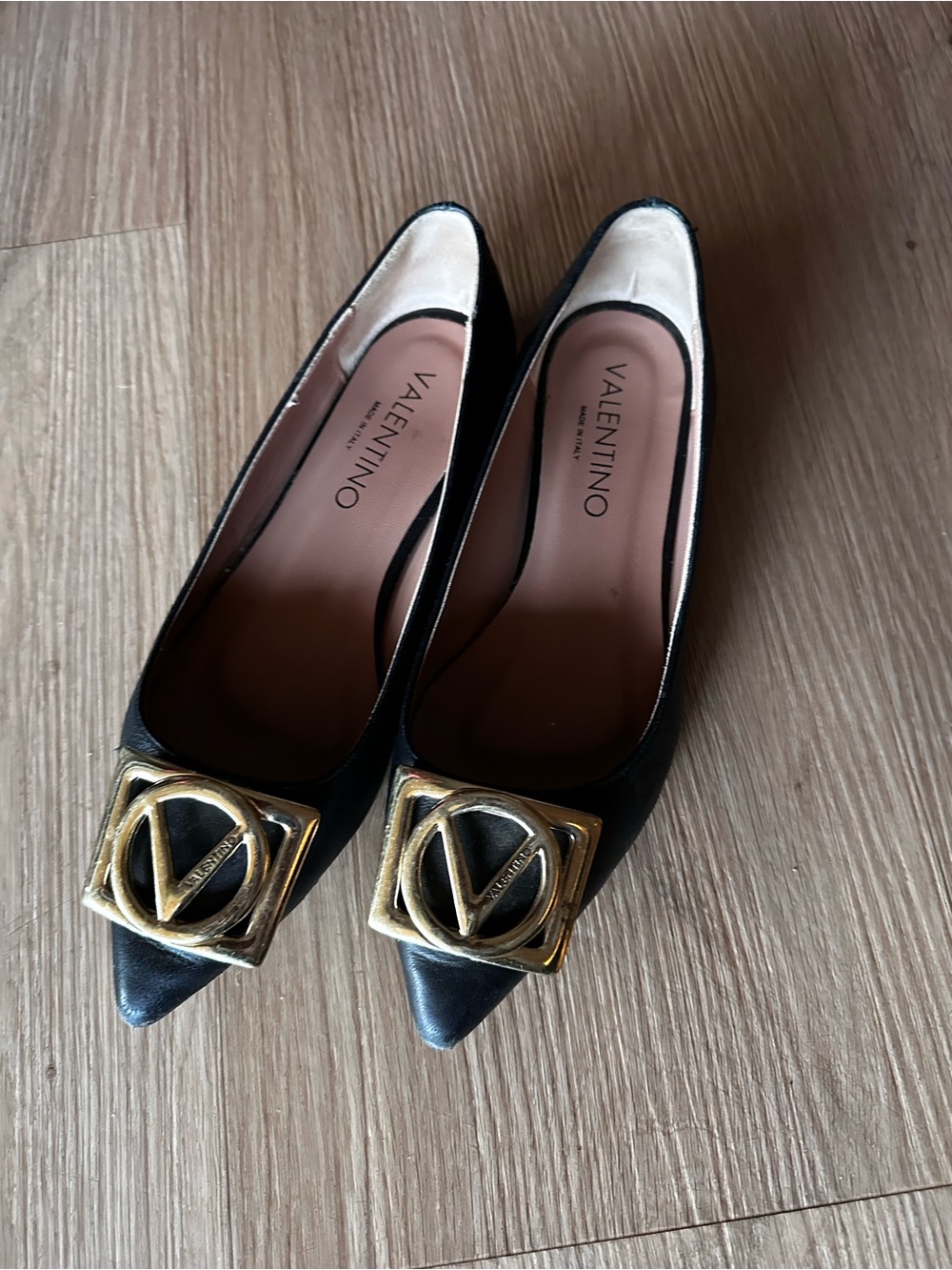 Valentino Black Leather Pointed Flats with Gold V Logo Accent